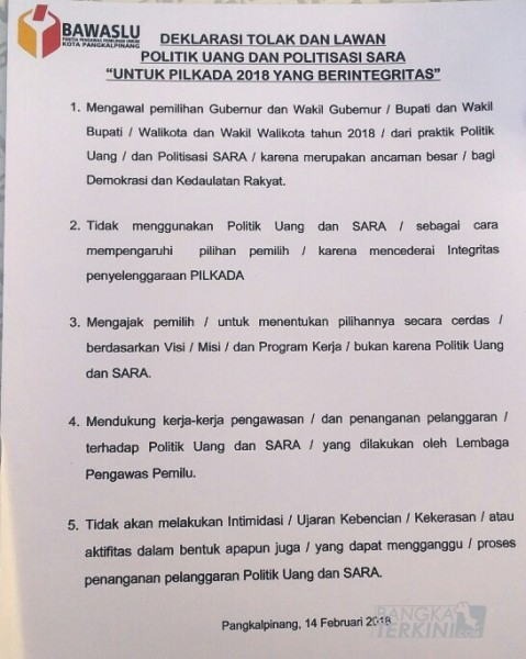Isi Deklarasi Tolak dan Lawan Politik Uang dan Politisasi Sara