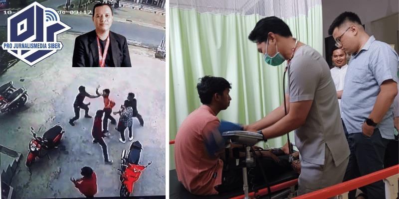 Caption: Aksi pengeroyokan Ketua DPC PJS Tanjabar Prov Jambi, Selasa (10/10/2023) (insert: Ketua DPP PJS Div Pembelaan Wartawan, Ismail Abas).