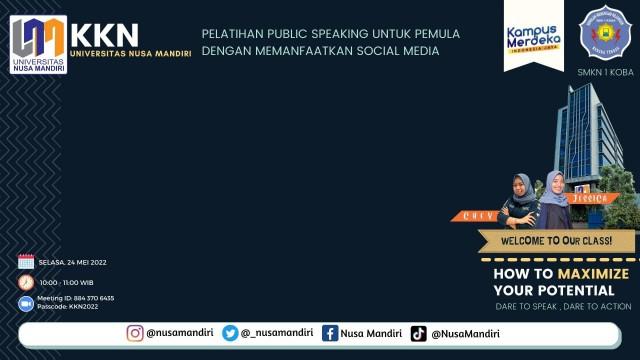 Mahasiswi UNM yang melakukan kegiatan KKN di SMK Negeri 1 Koba yang beralamat di Jl. Raya Koba Km 42 Desa Penyak, Kecamatan Koba, Kabupaten Bangka Tengah dengan tema “Pelatihan Public Speaking Untuk Pemula Dengan Memanfaatkan Media Sosial”.