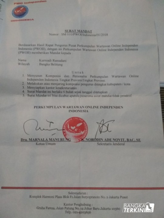 Surat Mandat Pembentukan PWOII Babel.