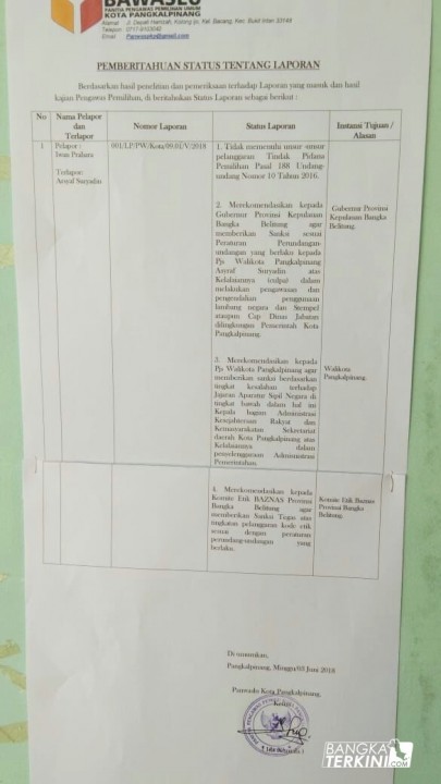 Surat Pemberitahuan Status Tentang Laporan, terhadap Pjs Walikota Pangkalpinang
