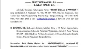 Kepala Kantor Sekretariat DPD RI Perwakilan Babel Digugat ke Pengadilan