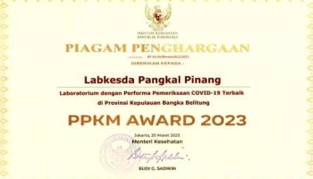 Labkesda Pangkalpinang Terima Penghargaan PPKM Award 2023 Dari Kemenkes