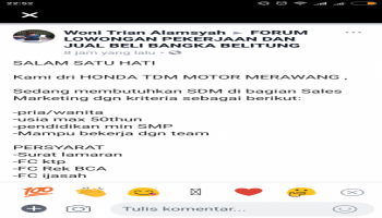 Kami dri HONDA TDM MOTOR MERAWANG , Sedang membutuhkan SDM,