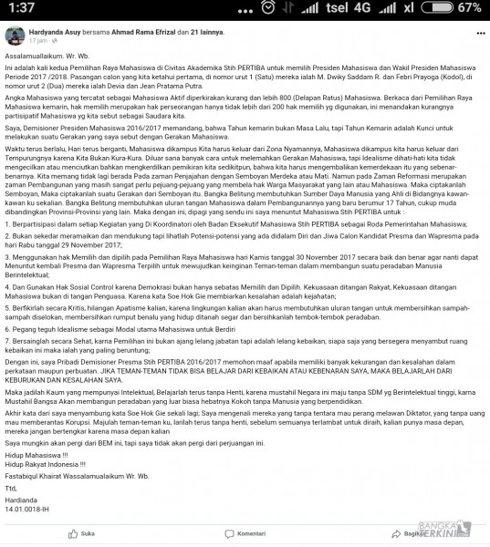 Tulisan Hardianda disalah satu sosial media. (ist)